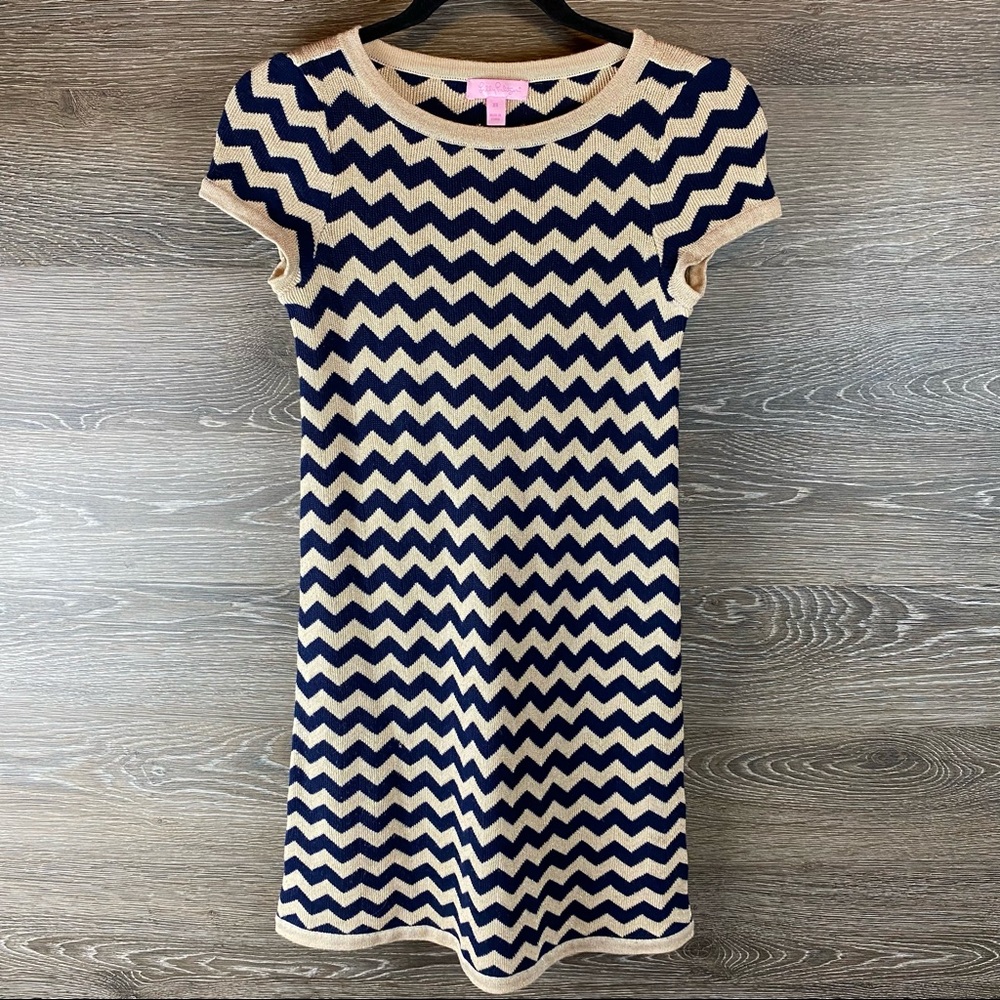 Lilly Pulitzer Short Sleeve Metallic Zig Zag Wool Dress - Picture 2 of 7